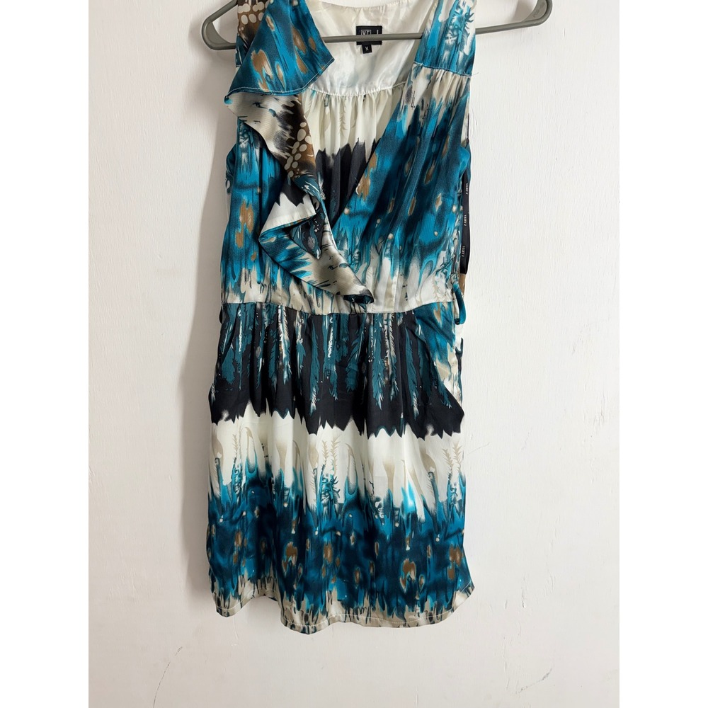 Very J Teal Blue Abstract Feather Ikat Ruffle Mini Dress Sleeveless Pockets M
